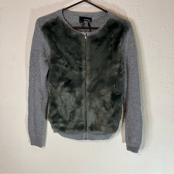 THE Kooples Faux Fur Front Wool Cashmere Blend Ribbed Zip Up in Grey - Picture 1 of 11